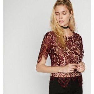 Express Burgundy Floral Lace Short Sleeve Top Size Large